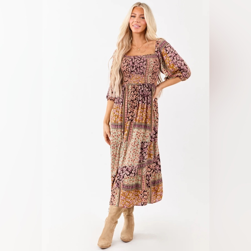 NWT Boho Mixed Floral Patchwork Print Smocked Balloon Sleeve Maxi Midi Dress - Picture 4 of 9